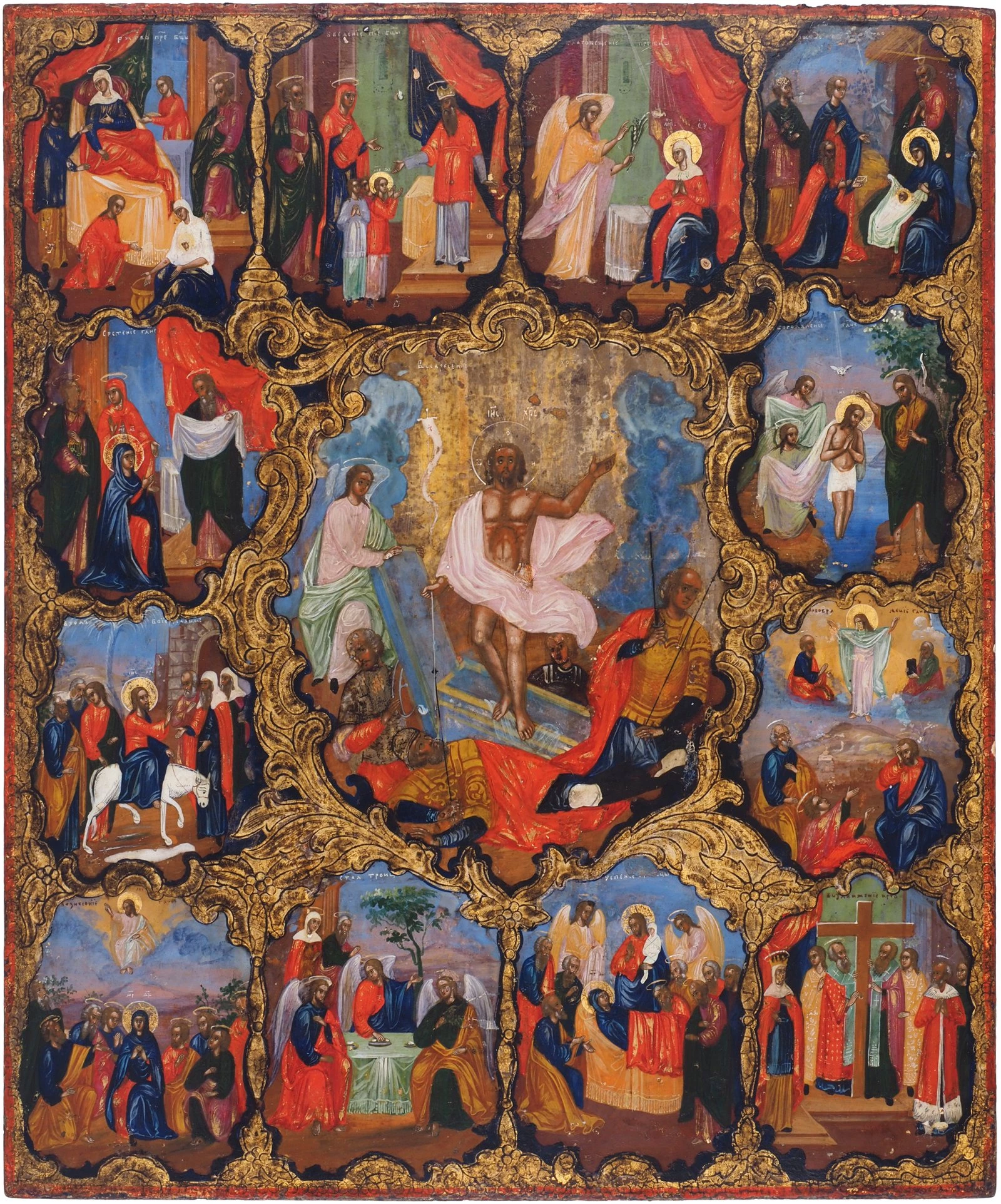 Воскресение Христово, с клеймами двунадесятых праздников Конец XVIII – начало XIX века.  Холуй или Вязники  Из собрания музея «Новый Иерусалим