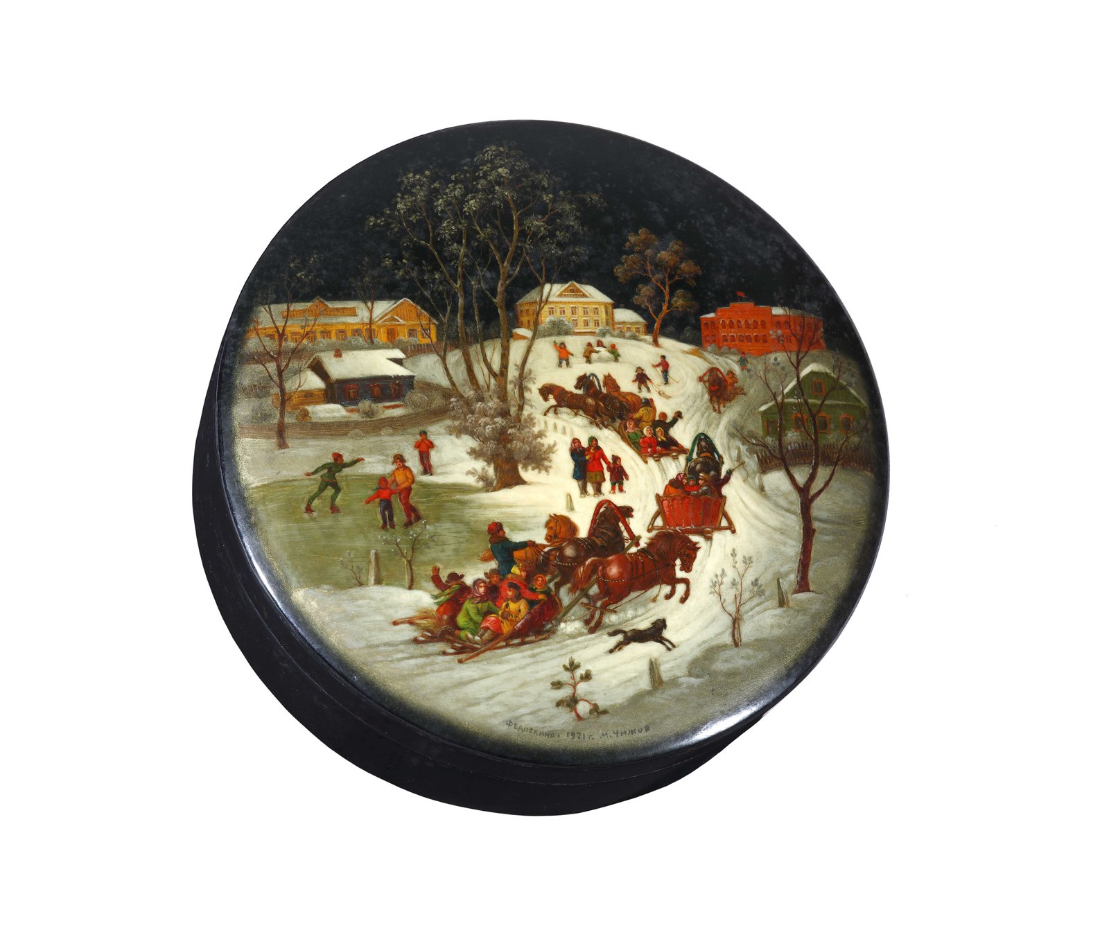 М.С. Чижов. Шкатулка «Праздник зимы в Федоскино». 1959  Авторское повторение 1971 г.  Россия, Московская обл., Мытищинский р-н, с. Федоскино 